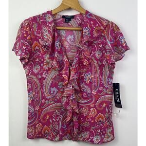 VTG Chaps Blouse Size 4 Pink Paisley Semi Sheer Ruffle Button Flutter Sleeve NWT